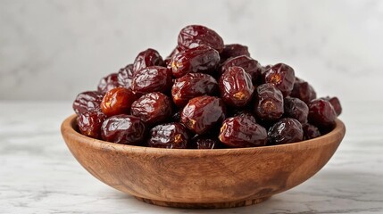 dried dates in a wooden bowl
