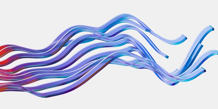 Abstract 3D render background design with flowing blue puple glass wavy lines in white background