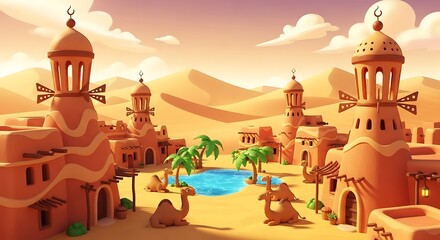 A vibrant desert oasis with traditional Arabian architecture, camels, and palm trees surrounding a...