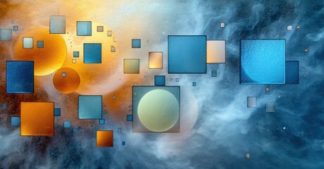 Fototapeta premium Abstract composition features geometric shapes, circles, squares, warm cool tones. Background suggests nebula, cosmic dust, dreamy texture.
