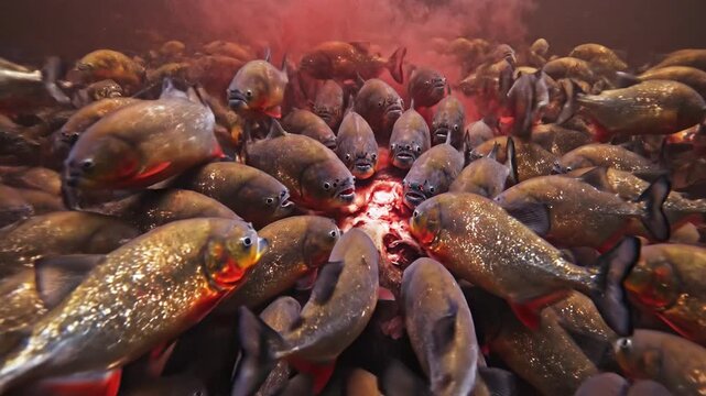 A School of Piranha Fish Swarming and Snapping