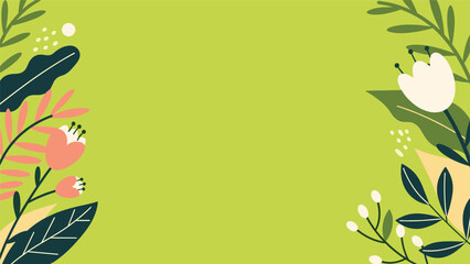 Obraz premium Decorative floral background with a soft green color is framed by stylized flowers and leaves to create a fresh and natural border design template.