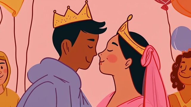 Whimsical illustration of crowned couple sharing a tender kiss at a festive party.