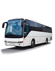 Large, white coach bus with reflective windows isolated on a pure white background