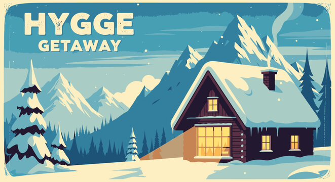 Cozy Cabin in Snowy Mountain Landscape.