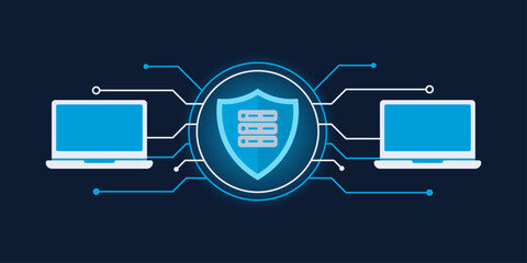 Minimalist server rack icon shielded by a glowing circular ring. Clean network lines connect to laptops on a navy background. Professional tech graphic with ample copy space.