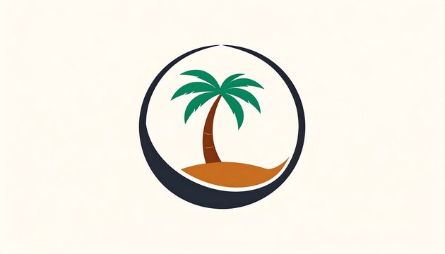 A stylized, circular emblem featuring a palm tree. The tree, with green fronds, a brown trunk, is on a brown patch within a navy/dark background