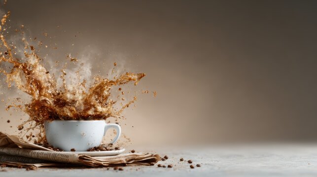 This image captures an energetic splatter of coffee from a white cup, creating a dynamic and eye-catching visual against a rustic newspaper backdrop.
