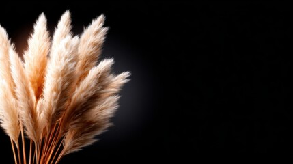 This image features a stunning array of pampas grass stalks, showcasing their soft, fluffy textures against a dramatic black backdrop that highlights their beauty.