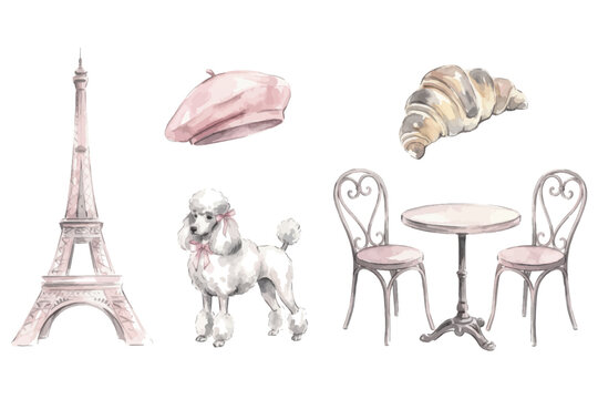 French style icons with poodle and eiffel tower