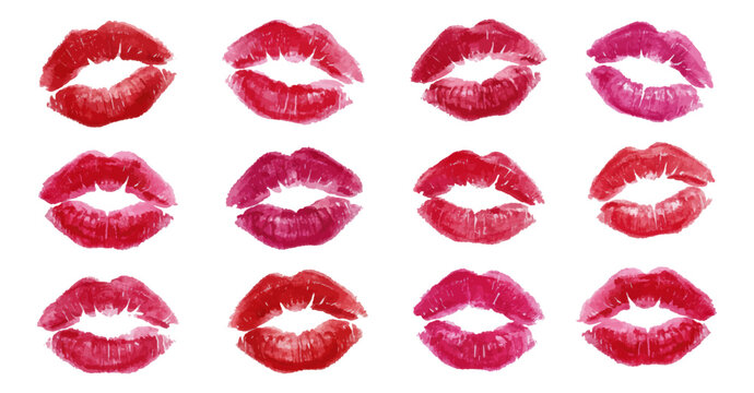 Red pink lipstick kiss marks collection watercolor