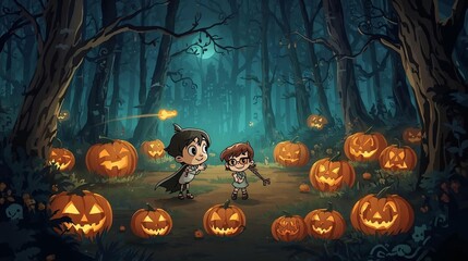 halloween background with pumpkin and witch