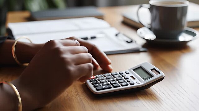 Calculating Expenses On Desk With Calculator And Papers.