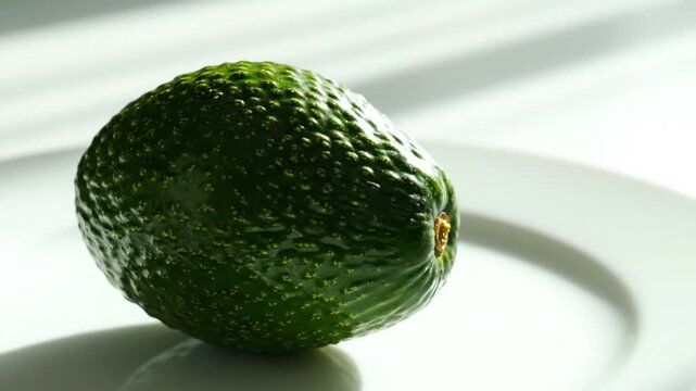 A single green avocado on a white plate, sitting on a white table with sunlight shining through blinds in the background, possibly for a recipe or healthy eating concept