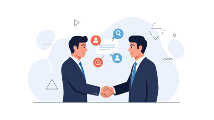 Businessmen shaking hands, partnership, agreement, communication icons, teamwork, modern flat illustration