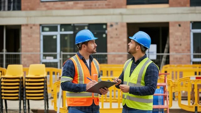 Two construction workers in hard hats and safety vests looking at clipboard on a building site with yellow barriers and chairs
