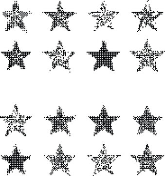 Dithered Texture star icons pixelated bitmap retro aesthetic Y2K grunge digital noise lo-fi asset isolated on transparent background vector illustration.
