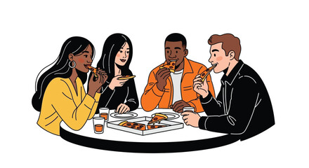 Friends sharing a pizza together at a table