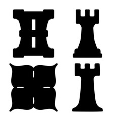 Four black silhouette chess rooks in various styles against a stark white background © Laboni49