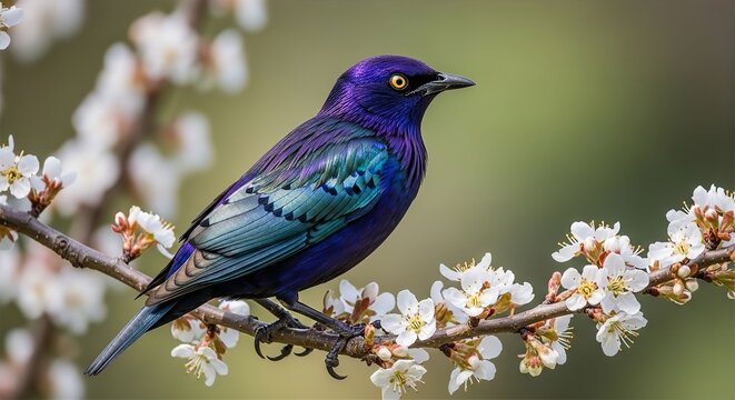 Violet-Backed Starling on Blooming Tree