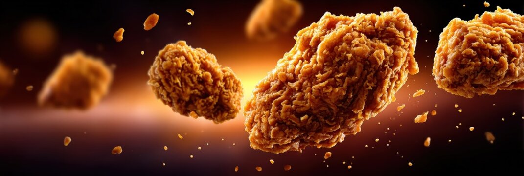 Crispy Golden Fried Chicken Pieces Flying in Dark Glow Banner