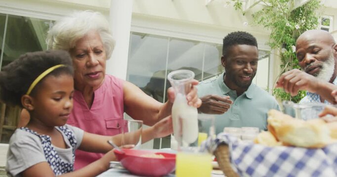 Happy african american family pouring juice and having breakfast in garden