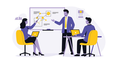 Business team collaboration and presentation in a modern office setting