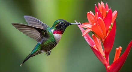 Fototapeta premium Fiery-Throated Hummingbird on Red Blossom