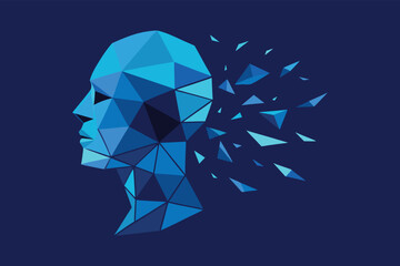 Abstract low-polygon head dissolving into geometric shapes, symbolizing digital consciousness and artificial intelligence