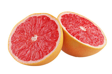 Obraz premium Two halves of a ripe pink grapefruit isolated on transparent background. Juicy ruby red grapefruit halves, citrus fruit isolated on white background.