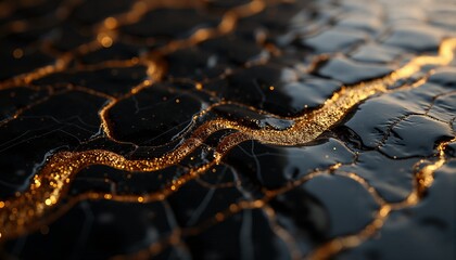 Fototapeta premium Luxury black marble texture background with flowing liquid gold veins, abstract cinematic wallpaper, high resolution 3d render
