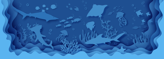 Paper cut butterfly fish, moonfish, stingray, hammerhead, shark, jellyfish, coral crab. Paper craft layered background under ocean cave with fishes coral reef seabed in algae waves. Vector sea bg © A_Y_N