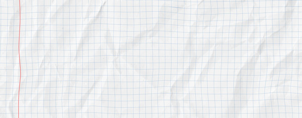 Crumpled white paper background with vintage notebook grey graph grid and red line. Square pattern texture perfect for school or education themes. Vector illustration bg for collage . © A_Y_N