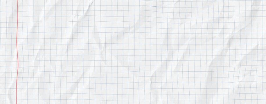 Crumpled white paper background with vintage notebook grey graph grid and red line. Square pattern texture perfect for school or education themes. Vector illustration bg for collage .