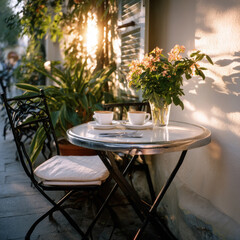 Outdoor cafe table with two coffee cups and vase of flowers bathed in warm sunlight creating peaceful and inviting atmosphere
