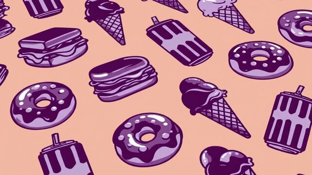 Seamless pattern of purple donuts, ice cream, and snacks