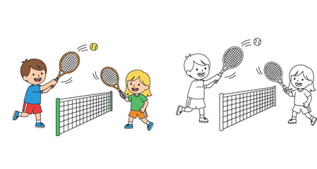 Cute cartoon children playing tennis. Vector illustration of boy and girl hitting ball with racket. Set of colored and outline versions for coloring book page activity isolated on white. © SHOHAG