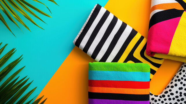 Colorful beach towels folded into graphic blocks with vibrant stripes and patterns on bright blue and orange background with palm leaves