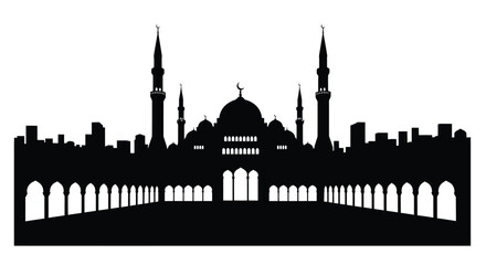 Silhouette of mosque architecture with minarets and dome against white background © AnuStock