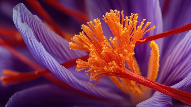 Crocus flower stigma (saffron threads), vivid orange against purple, expensive spice concept