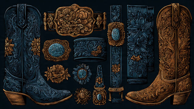 Tooled Leather Cowboy Boots and Floral Buckles Set