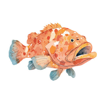 Vibrant Orange Grouper Fish Watercolor Illustration.