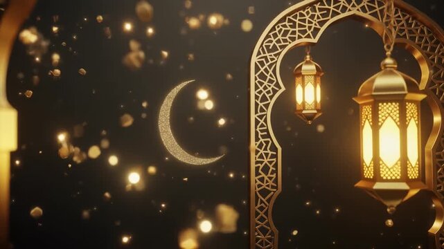 Luxury Islamic animation scene with golden lanterns and crescent moon hanging on decorative