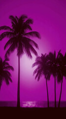 Palm tree silhouette with tropical sunset and gradient purple sky creating calm and peaceful atmosphere by ocean shore