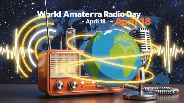 Retro radio, microphone, world map celebrating Amaterra Radio Day