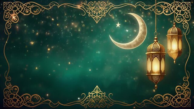 A magical Ramadan background with hanging golden lanterns and crescent moon, deep emerald green