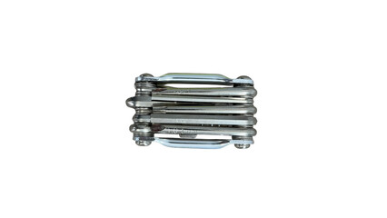 Metal multitool hex key set for bicycle repair on transparent background