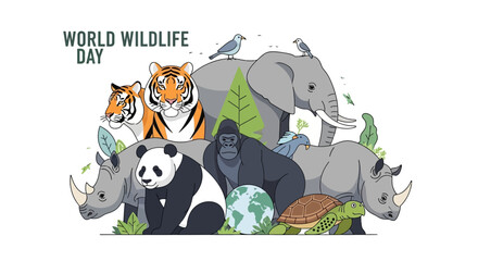 World Wildlife Day illustration featuring a diverse group of animals including a panda, elephant, and tiger, surrounded by lush greenery and icons on a clean white background. © Asap