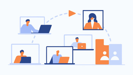 Remote business team collaborating online with laptops and video conferencing in a colorful