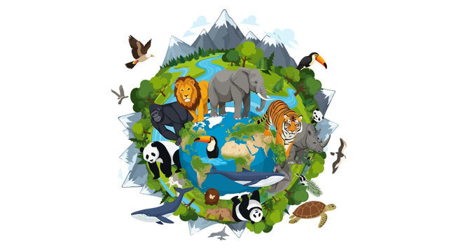 A vibrant illustration celebrating World Wildlife Day with various animals and natural elements surrounding the Earth, symbolizing wildlife conservation and ecosystem balance.